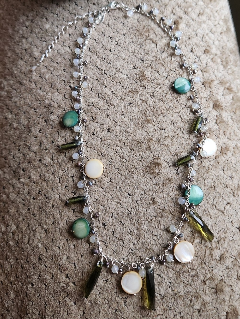 Lia Sophia Silver Necklace with Green Glass and Cream Shell Discs